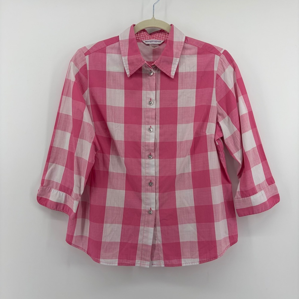 Allison Daley Women 6P Pink Buffalo Check 3/4 Sleeve Button Front Shirt Petite